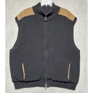 Orvis Sweater Vest Mens 2XL Black Full Zip Heavy Suede Shoulder Pockets